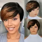Pixie Cut Short Wig With Bangs 100% Brazilian Human Hair Black with Blonde Mixed