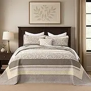 Finlonte Oversized King Bedspread 128"x120" - 100% Cotton Super Oversized Quilt with 2 Pillow Shams, Farmhouse Stripe Botanical Bedspread Reversible Lightweight Coverlet Set, Taupe/Brown/Beige, 3 Pcs