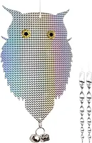 OFFO Owl Decoy for Pigeon Deterrent Hanging Outdoors Reflective Plastic Owls to Scare Pigeons to Keep Birds Away on Gardens with Bells 1 Pcs+ 2pcs Bird Scare Rods