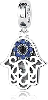 BISAER Evil Eye Bracelet Charm 925 Sterling Silver, Blue Crystal Bead Charms Hamsa Hand Charm Fit Pandora Bracelet