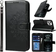 [Cavor] Wallet Case for iPhone 12, iPhone 12 Pro 6.1'' PU Leather Case Magnetic 3D Embossed Flower Women Flip Kickstand with Card Holder Wristlet Hand Strap Protective Cover-Flower Black