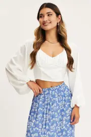 White Puff Sleeve Top Long Sleeve Crop Satin - Size 6, Women's Top