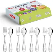 Toddler-Utensils-Kids-Silverware-Set, 8 PCS 18/10 Stainless Steel Toddler Forks and Spoons, Round Edges Children Cutlery Set with Dog & Cat Pattern, Non-slip Fork, Mirror Polished, Dishwasher Safe