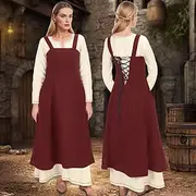 Women's Medieval Viking Apron Overdress with Laced Back Tunic Dress Set 2 PCS Outfits for LARP Ren Faire Renaissance Fair Party Carnival Halloween Dress