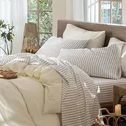 MooMee Striped Sheet Set 100% Washed Cotton Linen Like Textured Breathable Durable Soft Comfy (White Dark Grey Wide Stripes, Queen)