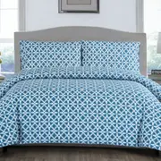 Artex Geometric Pattern Printed Quilt Cover Set Steel Blue Leaves (Single, Queen)