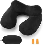 [Xkey] Travel Pillow, Inflatable Travel Pillow, Comfortable & Breathable Cover, Machine Washable, Airplane Travel Kit with 3D Contoured Eye Masks, Earplugs, and Luxury Bag (Black)