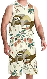 [KQNZT] Basketball Jerseys Shorts Sport Set, Custom Basketball Jersey, Men's Lightweight Rec Tanks, Tropical Jungle Animal Sloth Flower Lovely