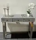 CONSOLE TABLE BLACK & WHITE GEOMETRIC INLAY DESIGN WITH DRAWERS SILVER LEGS
