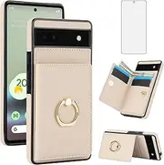 [Asuwish] Phone Case for Google Pixel 6A 5G 2022 Cover with Tempered Glass Screen Protector and RFID Card Holder Slot Kickstand Ring Cell Accessories Wallet Flip Mobile Pixel6A A6 Women Men Off White
