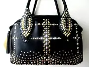 $599 CLEVER CARRIAGE COMPANY BLACK DIVA STUDDED SATCHEL PURSE - NWT