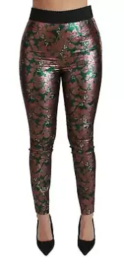 Dolce&Gabbana Women Bronze Pants 100% Polyester Zip Leaf Pattern Skinny Trousers