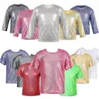 Kids Girls Boys Dance Party Performance Tops Metallic Shiny Jazz Hip Hop AU
