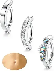 [Kakonia] 3Pcs 14G Belly Button Ring for Women 316L Surgical Steel CZ Opal Belly Ring Simple Reverse Navel Rings Body Jewelry