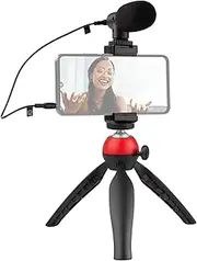 Portable Phone Video Kit Phone Video Rig with Cardioid Microphone + Adjustable Phone Holder + Desktop Ballhead Tripod for Phone Vlog Video Recording Live Streaming Red