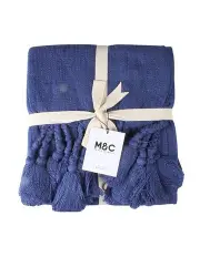 [MAINE & CRAWFORD] Neo Cotton Throw Sofa Blanket With Giant Tassels 170x130cm in Navy