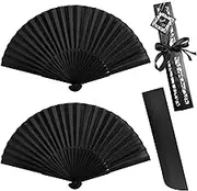 2 Pack Silk Folding Fans, Black Classic Handheld Fan 8.2in Small Hand Held Bamboo Fabric Chinese Vintage Hand Fans with Case for Dance, Performance, Wedding, Cosplay, Decorations, Party Favor, Gift
