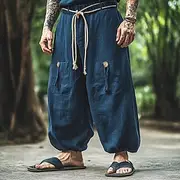 Men's Linen Pants Trousers Summer Pants Baggy Pants Drawstring Elastic Waist Wide Leg Plain Comfort Breathable Full Length Outdoor Yoga Gym Fashion Retro Vinta