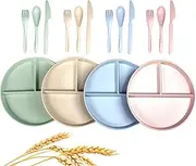 WANBY Wheat Straw Plates 4 Pcs Divided Plates Tray Lightweight Unbreakable 8" Dinner Plate Sets with Wheat Straw Cutlery Spoon Knife Fork Dishwasher & Microwave Safe