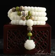 108 Malasation White Bodhi Mala Beads Bracelet Necklace Lotus Elastic Meditation