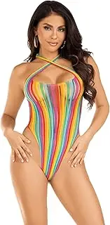 [Leg Avenue] Rainbow Stripe Cross-Over Halter Bodysuit, Multicolor, One Size