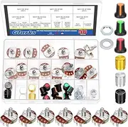 Glarks 57pcs WH138 Single Turn Rotary Linear Variable Potentiometer, B5K/B10K/B50K/B100K/B250K/B500K/B1M OHM 3 Pins Knurled Linear Rotary Taper Potentiometer with Aluminum Alloy and Plastic Knob Set