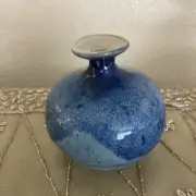Studio Art Pottery Blue Ceramic Glazed Bud Vase Signed 4”tall