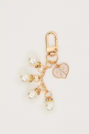 Gold Faux Pearl And Heart Charm Keychain