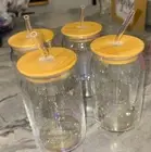 4 Pc. Multi Use Iridescent Glass Bamboo Lids,Glass Straws 16oz Beer Can Shaped!