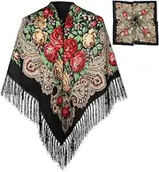 [YAFALA] Women's Soft Cotton Mexican Poncho with Matching Scarf (53"x53" + 32"x32") - Ethnic Fringe Trim, Retro Floral Print, Breathable Lightweight Shawl for Fall, Winter, Festivals, Black, Large