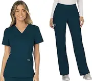 [Cherokee] Women Scrub Sets Workwear Revolution WW610 Mock Wrap Top & WW110 Mid Rise Straight Leg Pull-on Pant