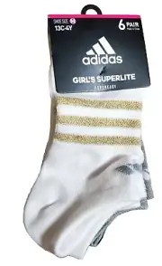 NWT ADIDAS Girls Superlite NO SHOW SOCKS 6 Pair Size M White Grey Black RARE