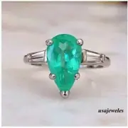 3CT Pear Shape Real Emerald 14K White Gold Over Engagement Wedding Jewelry Ring