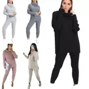 Ladies Ribbed Chunky Knitted High Roll Neck Top Bottom Lounge Wear Tracksuit Set