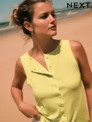 Lime Green Soft Touch Ribbed Sleeveless Button Through Cardigan Containing TENCEL™ Lyocell (F04792) | $31