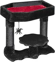 Gothic Cat Tree with Coffin Bed, Goth Cat Tower for Indoor Cats with Sisal Scratching Posts, Spider Toy, Spooky Coffin Cat Tree for Black Cats Halloween, Black with Red, Small Size MMJ91R