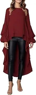 [PRETTYGARDEN] Women's Lantern Long Sleeve Round Neck High Low Asymmetrical Irregular Hem Casual Tops Blouse Shirt Dress