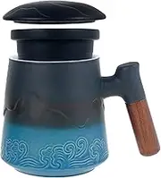 Tea Cup with Infuser and Lid, 450ml Steeping Tea Cups Artistic Embossed Pattern Ceramic Tea Cup with Handle Tea Steeping Mug Fine Mesh Strainer Hot Tea Cup for Home Office (Blue)
