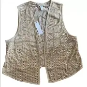 NWT Chicos VEST Women 2 S/M Khaki Sequin Embellished Pattern Crocheted Back Sexy