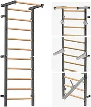 Wood Stall Bar, Swedish Ladder with Pull Up Bar, 11 Strategic Rods, Wall Mounted Suspension Trainer for Home, Gym, School and Clinic