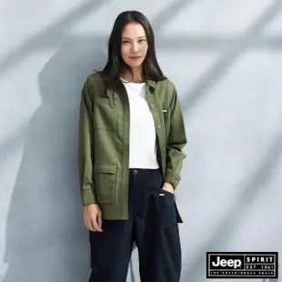 【JEEP】女裝 多口袋獵裝長版襯衫式外套(軍綠)