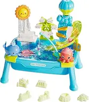 CUTE STONE Water Table for Toddlers with Electric Water Pump, Slides, Sand Molde, Play Sink with Running Water, Fishing Game Table Summer Beach Outdoor Toys for Boys & Girls
