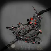 Womens Black Metal Phantom Laser-Cut Masquerade Prom Mask [Red Rhinestones]