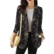 Nevenka Womens Printed Blazer Lapel Long Sleeve Open-Front Casual Jacket-Black