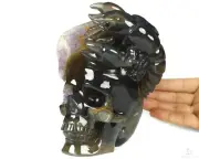 6.1" Agate Amethyst Geode Carved Crystal Skull & Crayfish, Crystal Healing