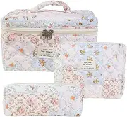 [Rockreyoa] Travel Cosmetic Bag Coquette Cosmetic Bag Made of Cotton Large Makeup Bag Organiser with Brush Compartment Kawaii Toiletry Bag Flowers Quilted Toiletry Bag Purple Patchwork 26 x 7 x 18 cm