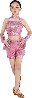 [Hedmy] Kids Girls Latin Dance Outfits Sequin Crop Top with Shorts and Tassels Fringed Gloves Dancewear
