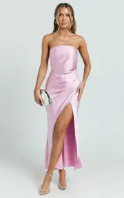 Glenda Midi Dress - Satin Strapless Side Split Dress in Pink