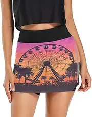 [Joisal] Sculpture Flowers Pink High Waisted Skort with Pockets Skirt with Built in Shorts, Tennis Skirt with Shorts, Ferris Wheel Sunset, X-Large