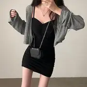Long Sleeve Ribbed-Knit Light Crop Cardigan / Spaghetti Strap Mini Bodycon Dress Dress - Black - S